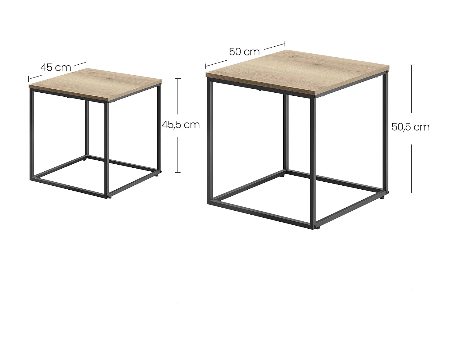 Tables basses carrées Valora, lot de 2 – Plateau en chêne Sonoma et pieds noirs