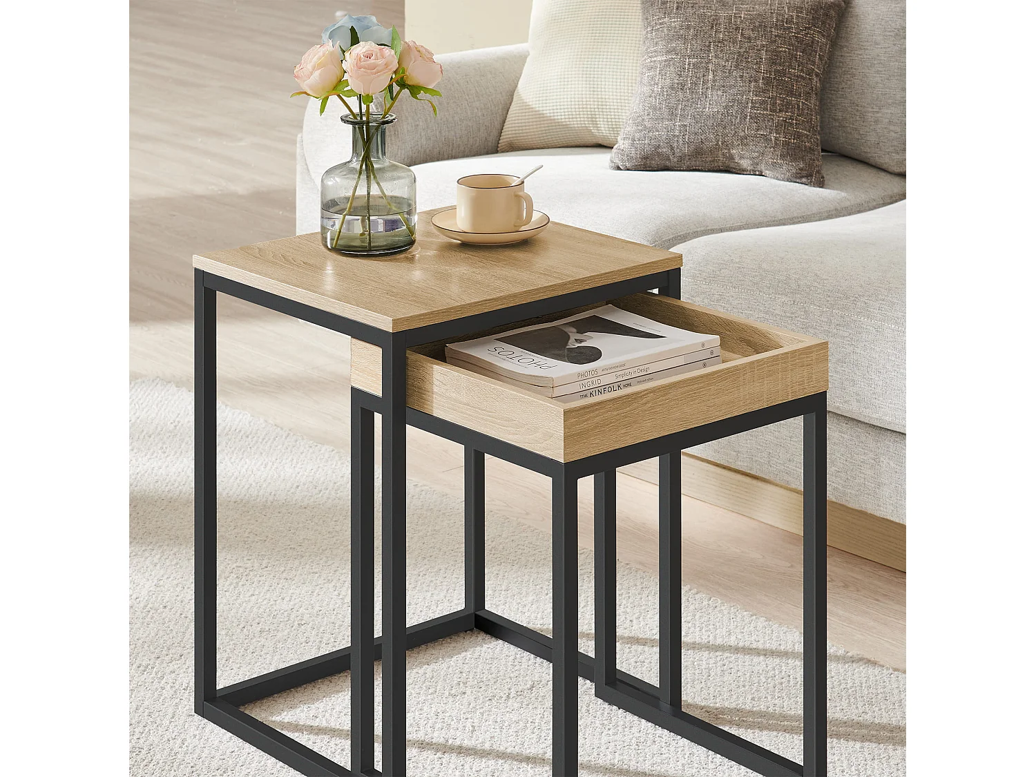 Tables basses Valora, lot de 2 – Chêne Sonoma avec cadre en acier noir