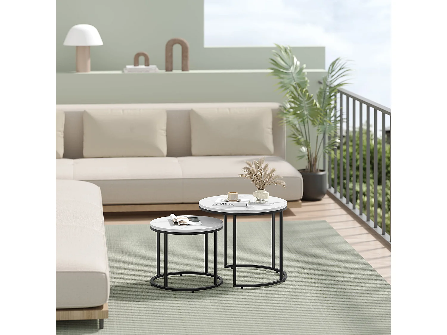 Zestaw 2 okrągłych stolików kawowych Valora | Marmurowy blat z czarnymi nogami