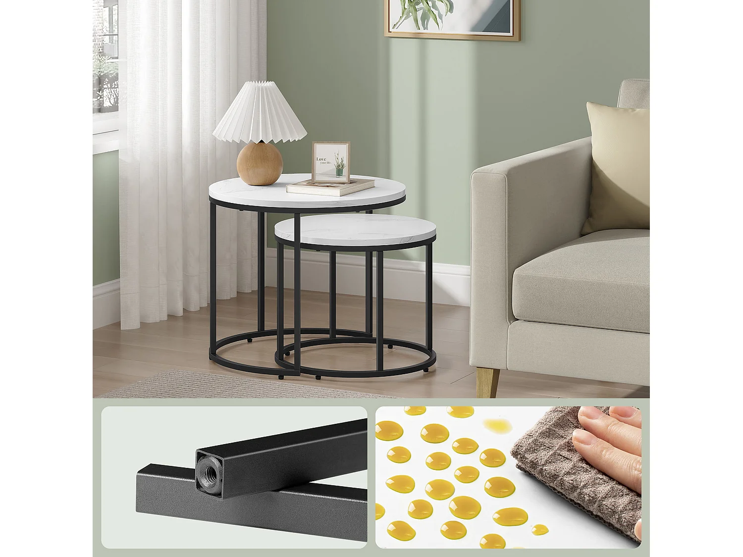Zestaw 2 okrągłych stolików kawowych Valora | Marmurowy blat z czarnymi nogami