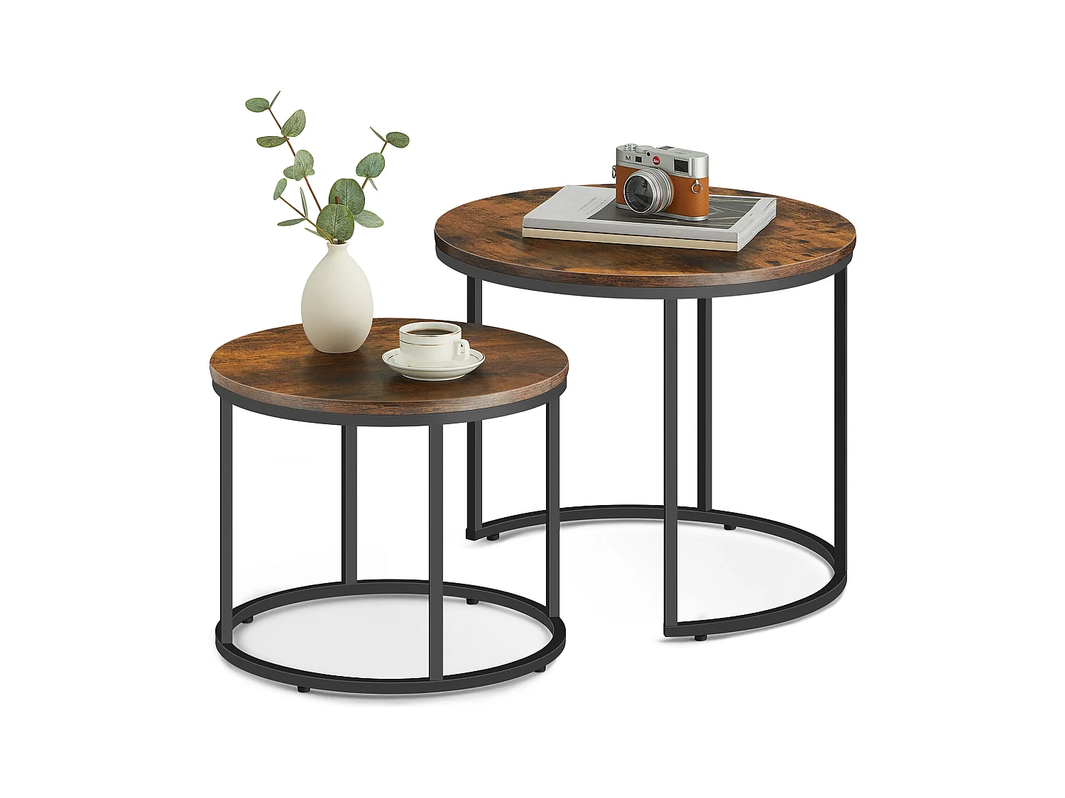 Zestaw 2 okrągłych stolików kawowych Valora | Rustykalny blat z czarnymi nogami