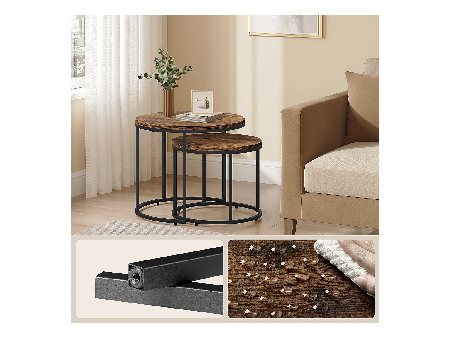 Zestaw 2 okrągłych stolików kawowych Valora | Rustykalny blat z czarnymi nogami