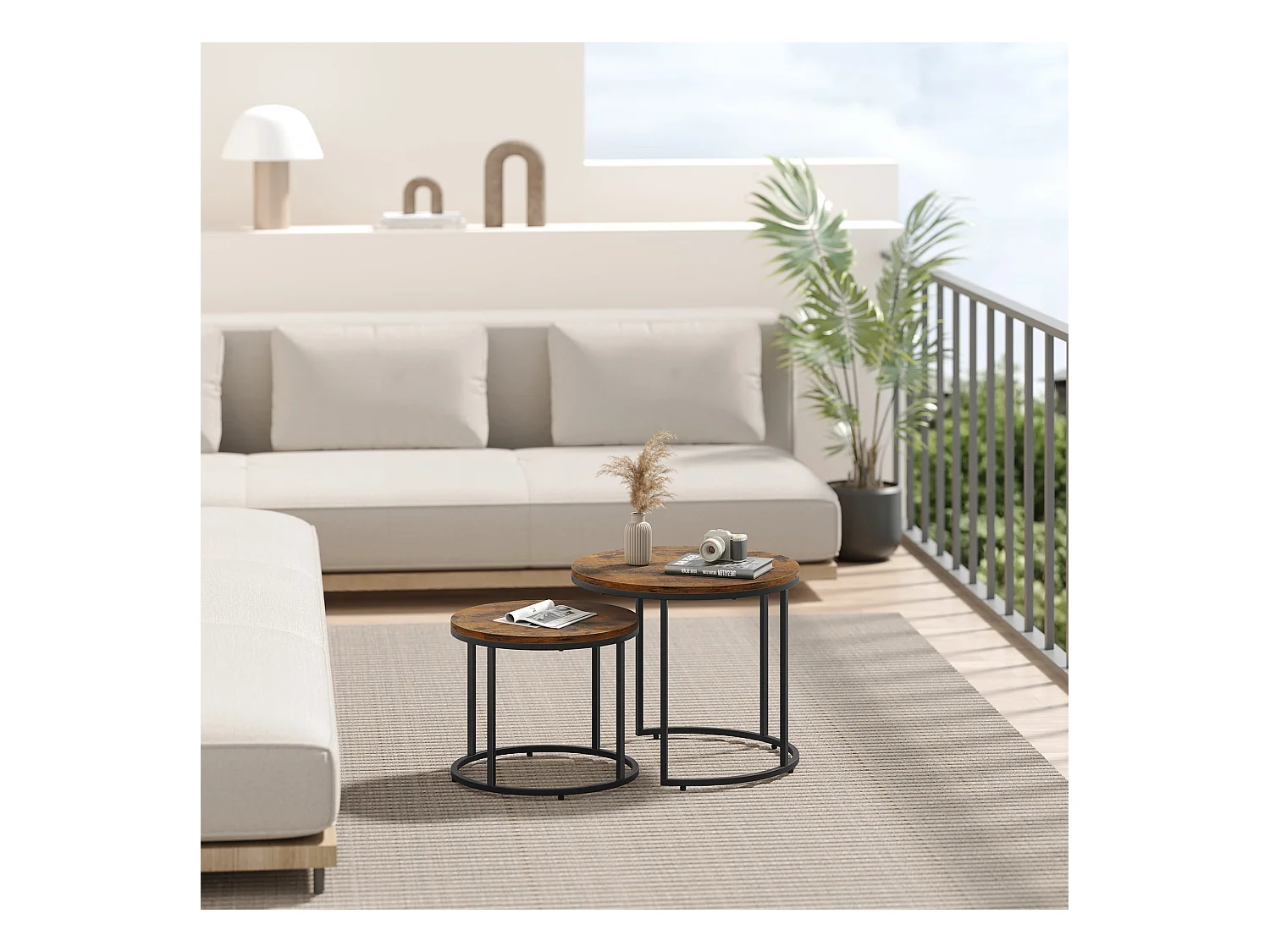 Zestaw 2 okrągłych stolików kawowych Valora | Rustykalny blat z czarnymi nogami