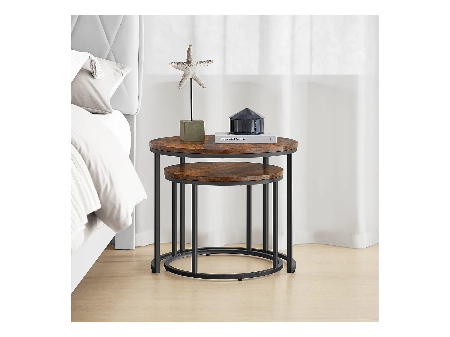 Zestaw 2 okrągłych stolików kawowych Valora | Rustykalny blat z czarnymi nogami