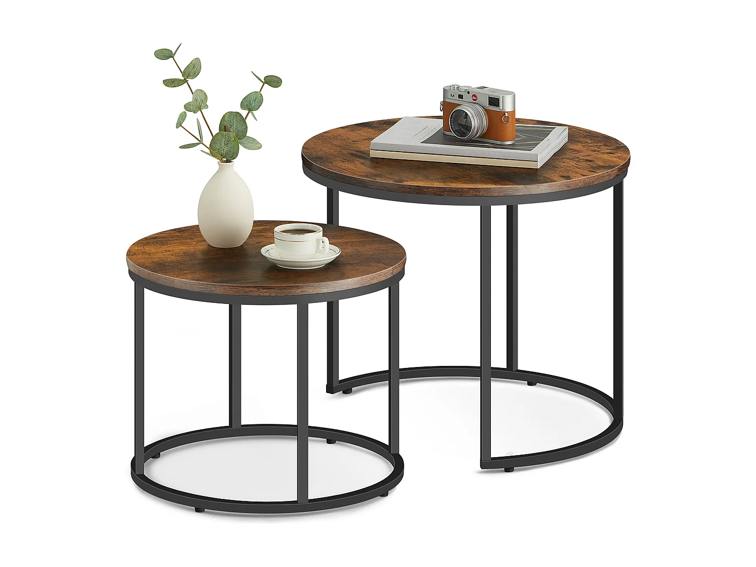 Valora runder Couchtisch 2er-Set | Rustikale Platte mit schwarzen Beinen