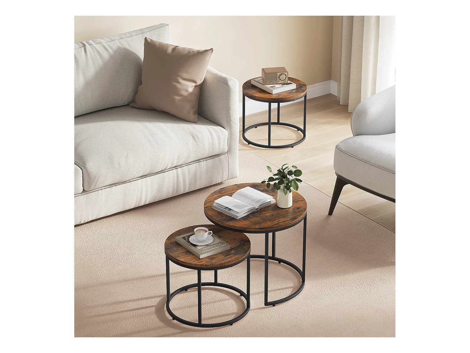 Valora runder Couchtisch 2er-Set | Rustikale Platte mit schwarzen Beinen