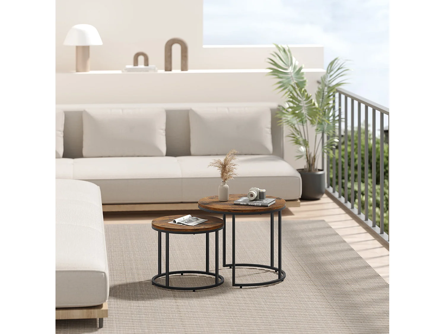 Valora runder Couchtisch 2er-Set | Rustikale Platte mit schwarzen Beinen