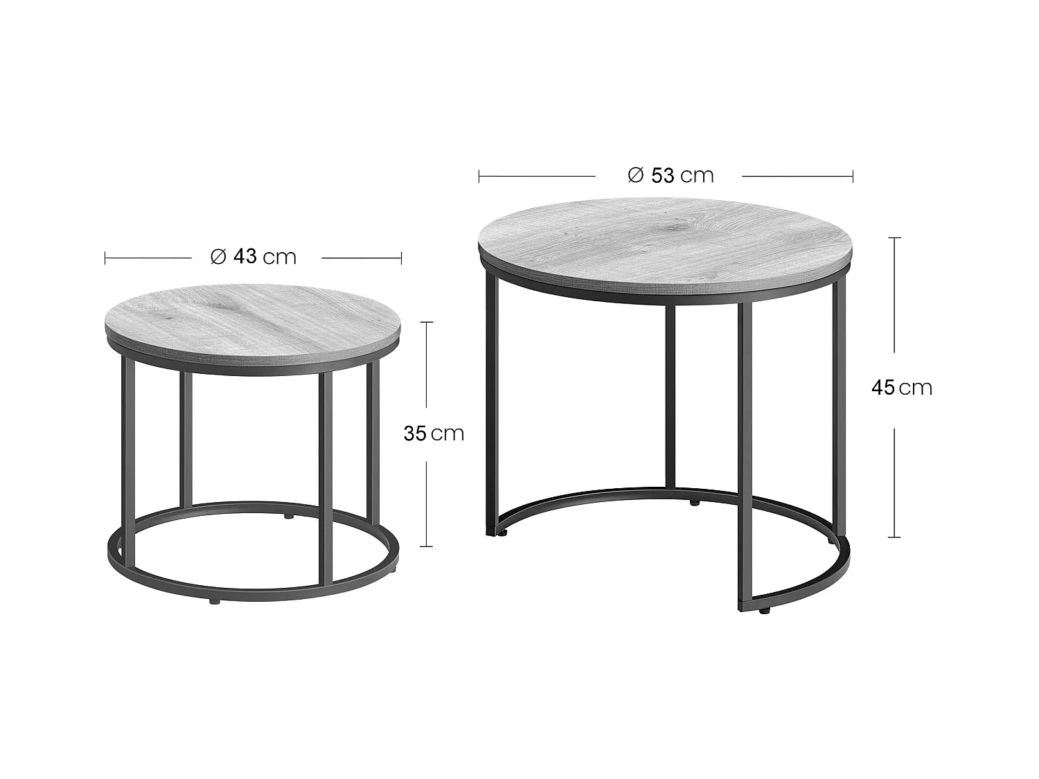 Valora runder Couchtisch 2er-Set | Rustikale Platte mit schwarzen Beinen