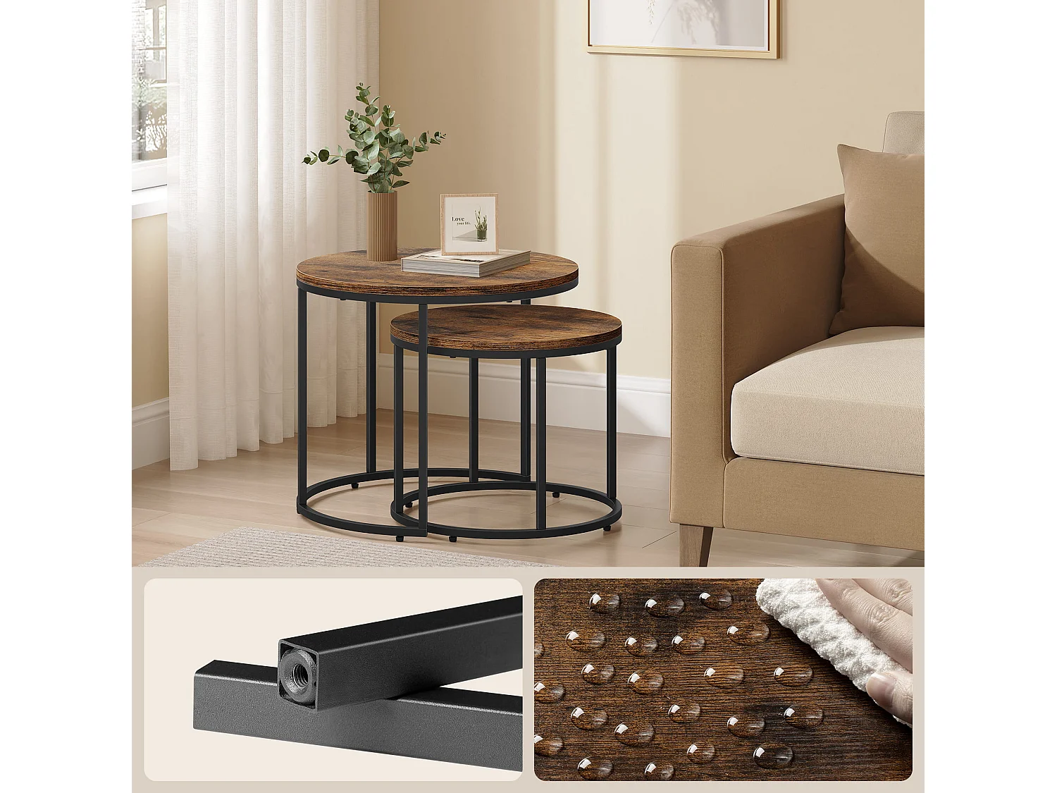 Table basse ronde Valora, lot de 2 | Plateau rustique et pieds noirs