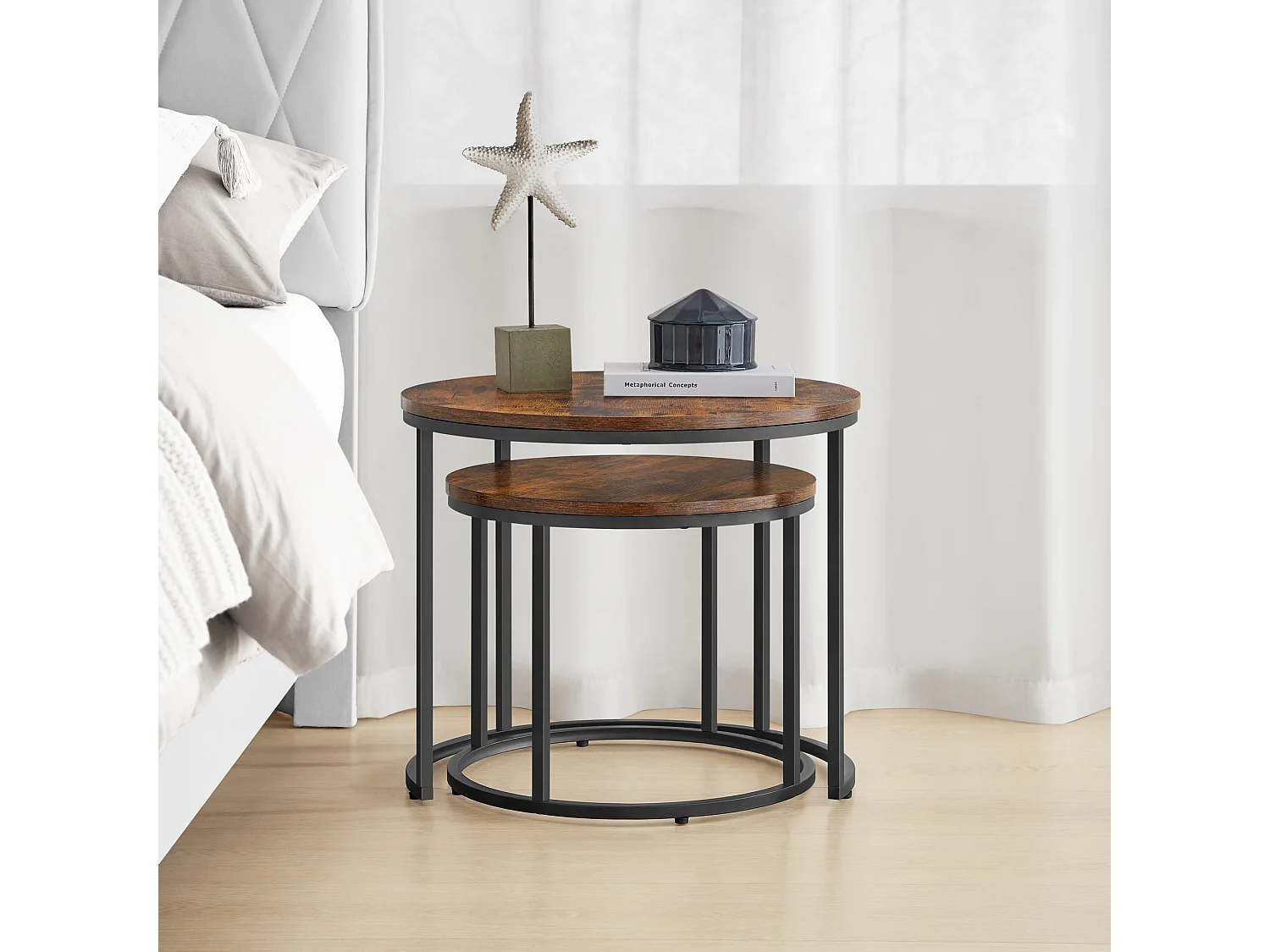 Table basse ronde Valora, lot de 2 | Plateau rustique et pieds noirs