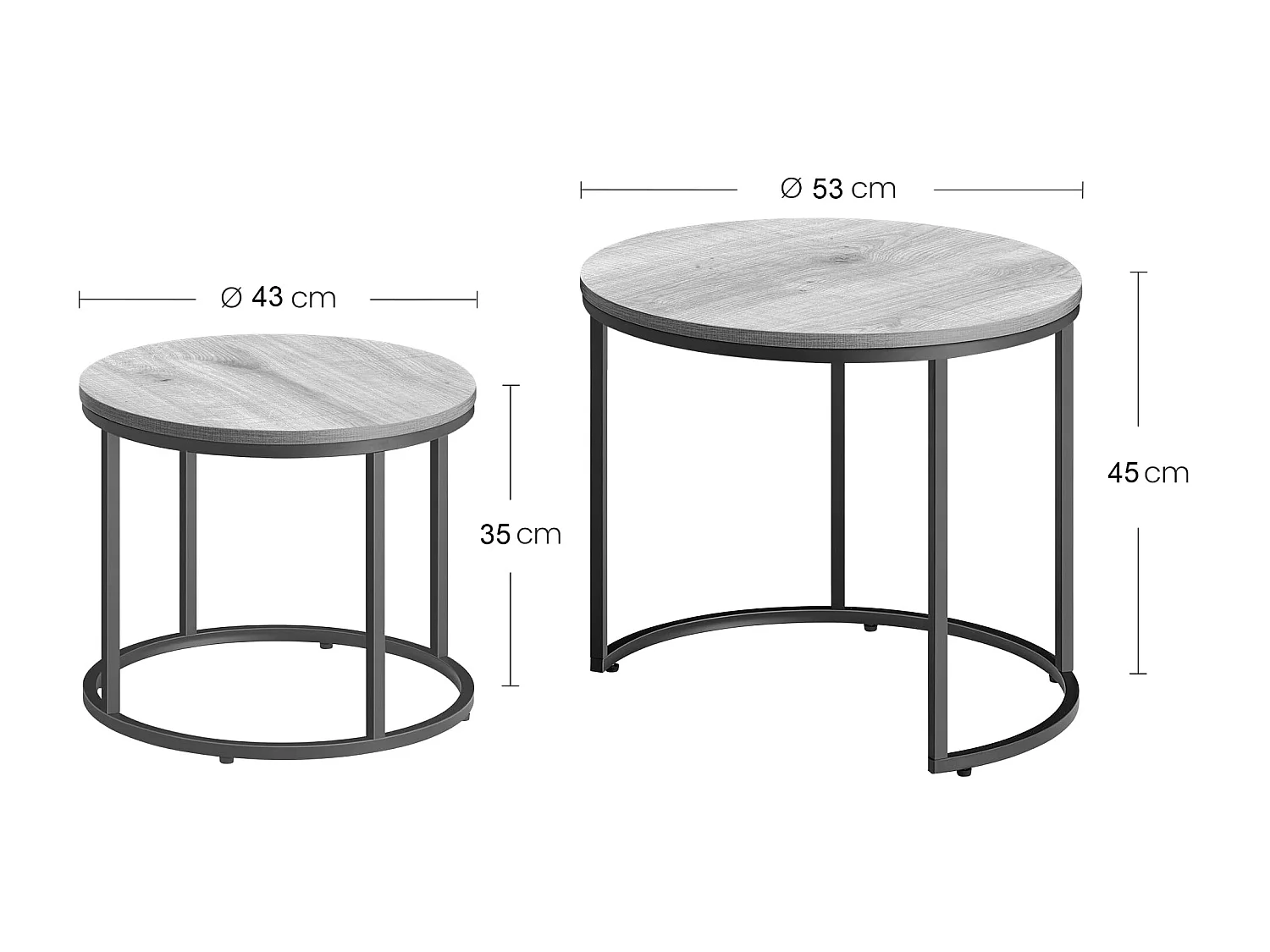 Table basse ronde Valora, lot de 2 | Plateau rustique et pieds noirs