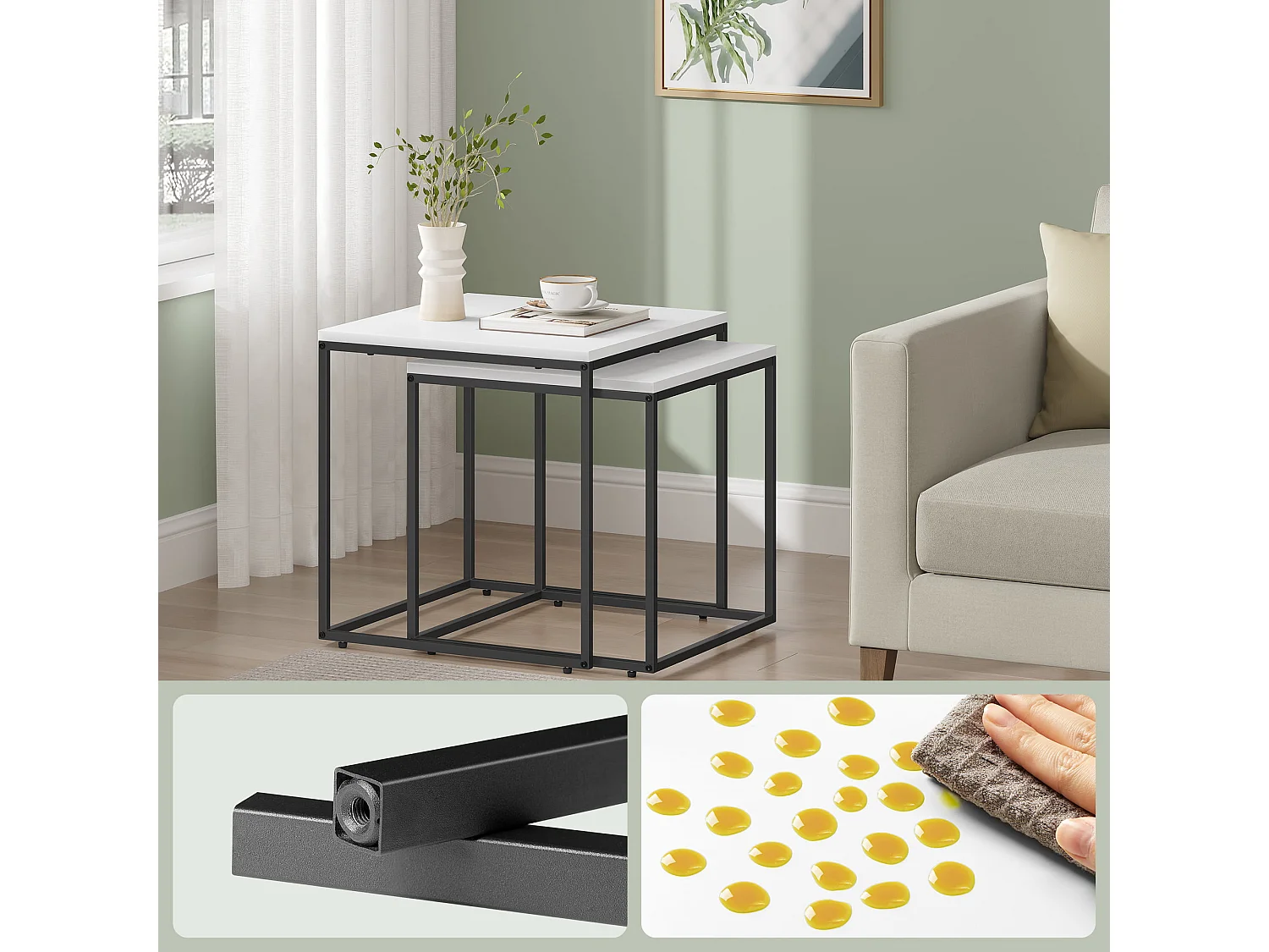 Tables basses carrées Valora, lot de 2 | Plateau blanc et cadre en acier noir