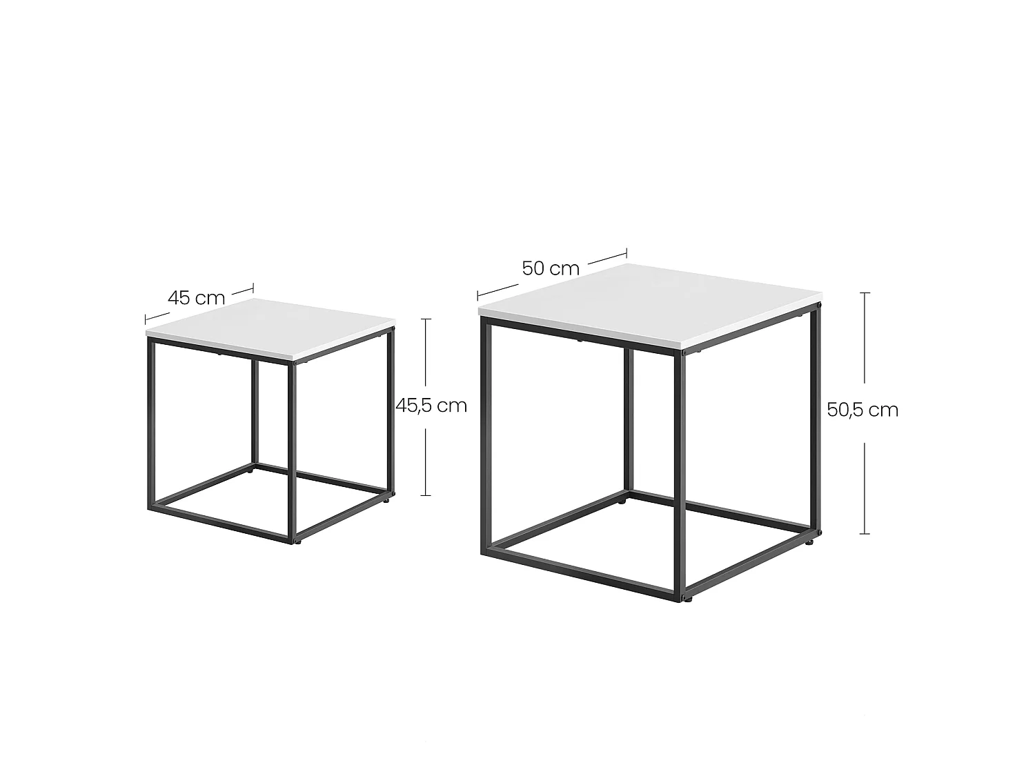 Tables basses carrées Valora, lot de 2 | Plateau blanc et cadre en acier noir
