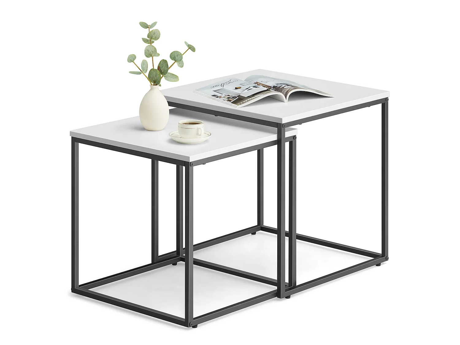 Tables basses carrées Valora, lot de 2 | Plateau blanc et cadre en acier noir