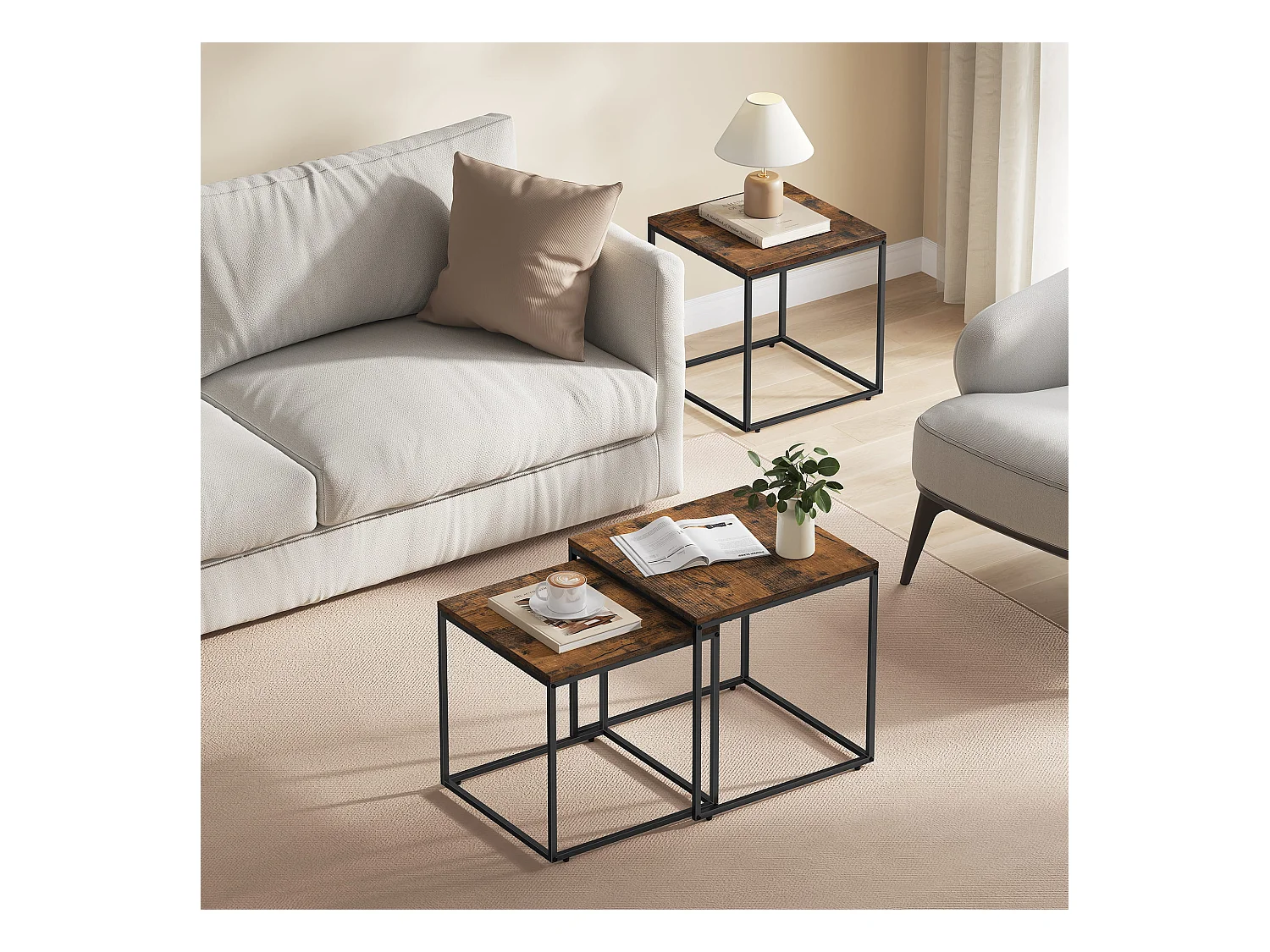 Tables basses carrées Valora x2 plateau rustique cadre acier noir