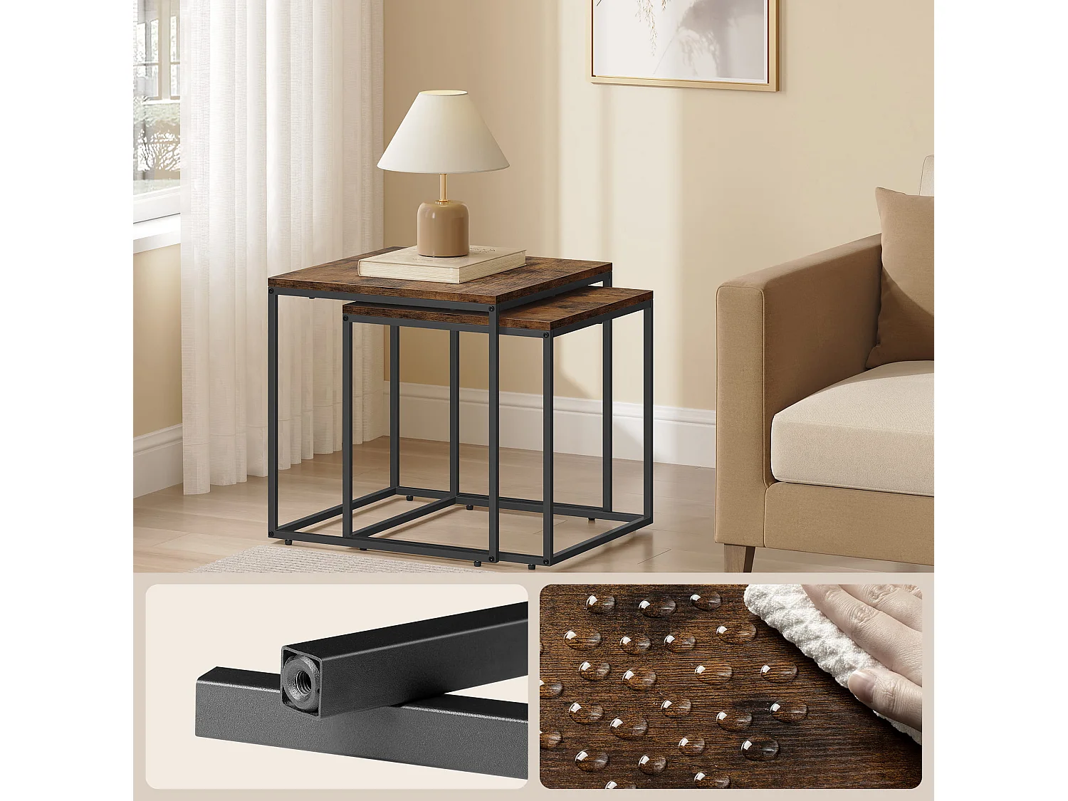 Tables basses carrées Valora x2 plateau rustique cadre acier noir