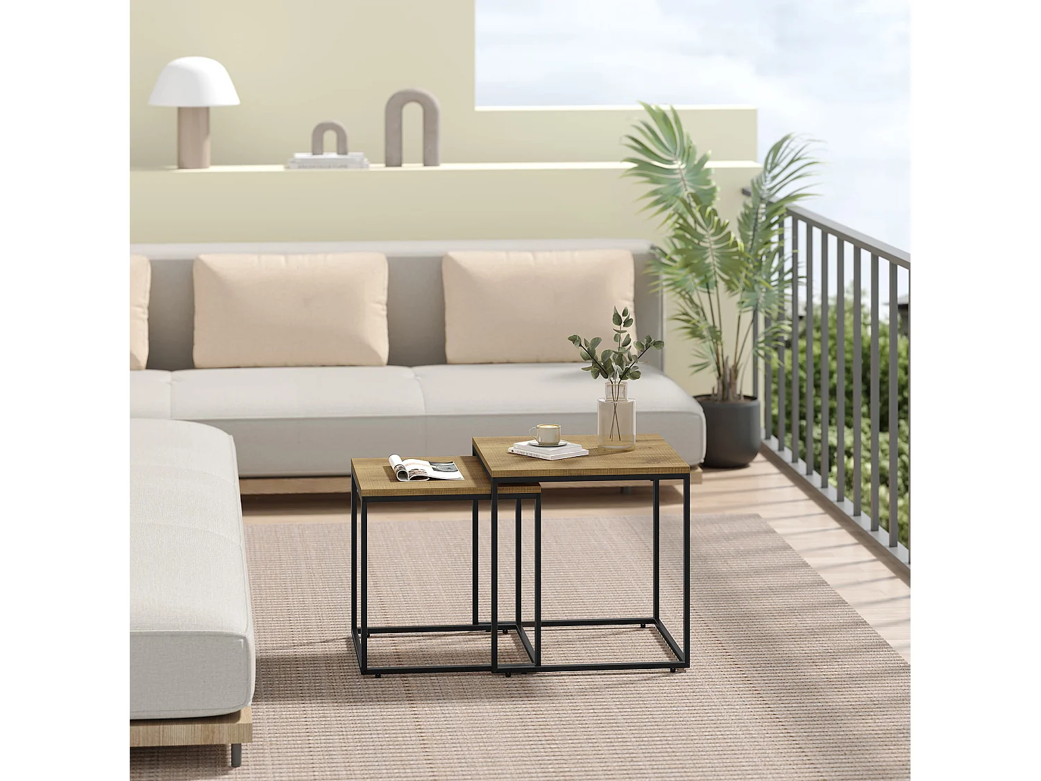 Table basse carrée Valora, lot de 2 | Plateau en chêne et pieds noirs