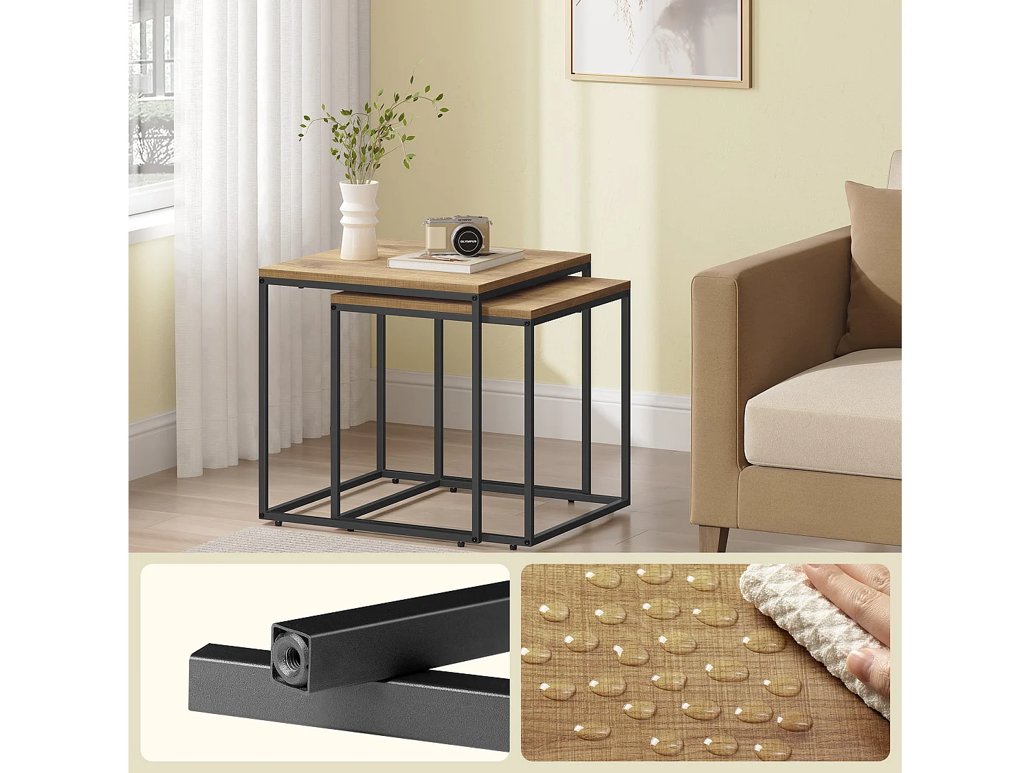 Table basse carrée Valora, lot de 2 | Plateau en chêne et pieds noirs