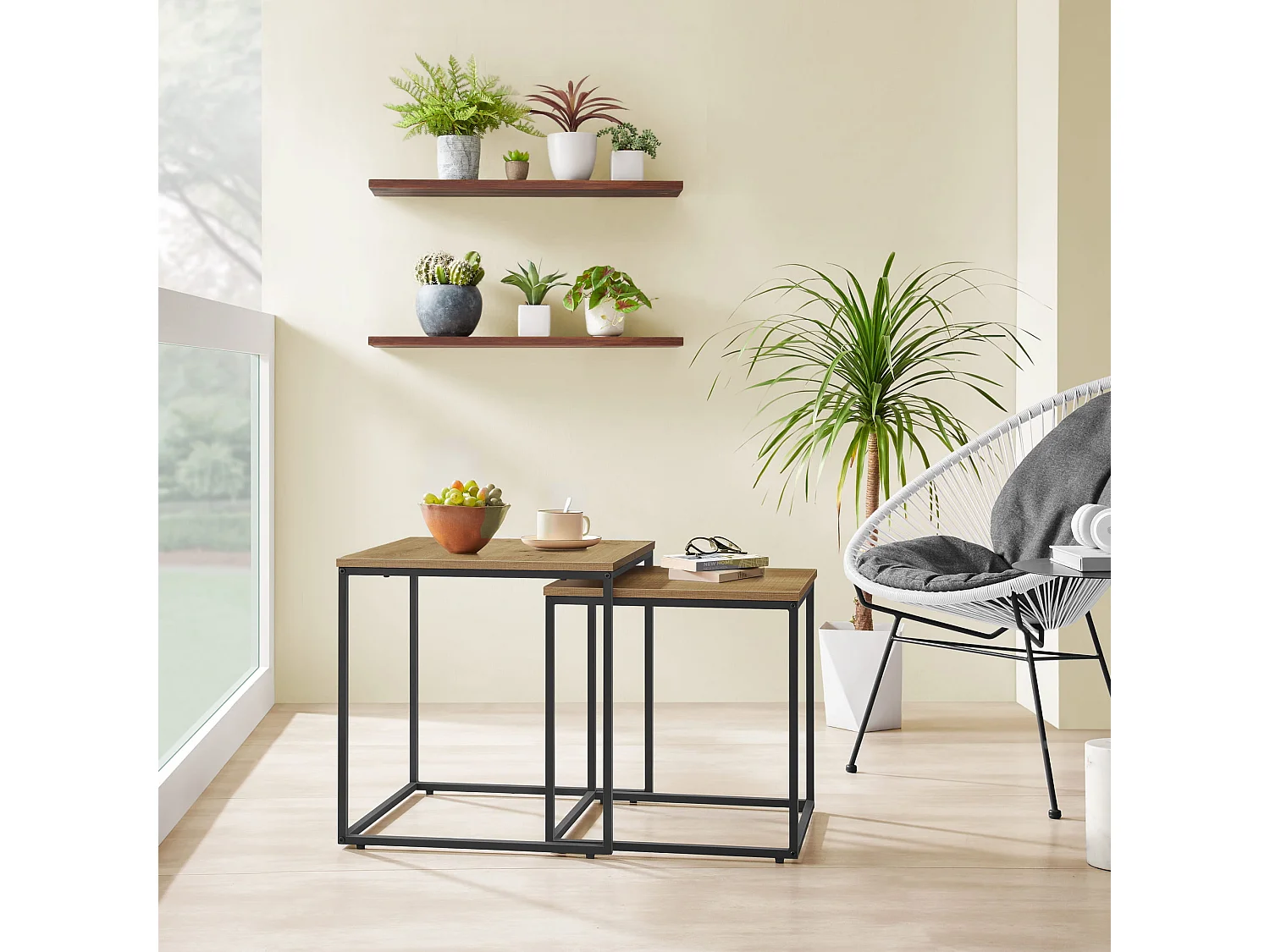 Table basse carrée Valora, lot de 2 | Plateau en chêne et pieds noirs