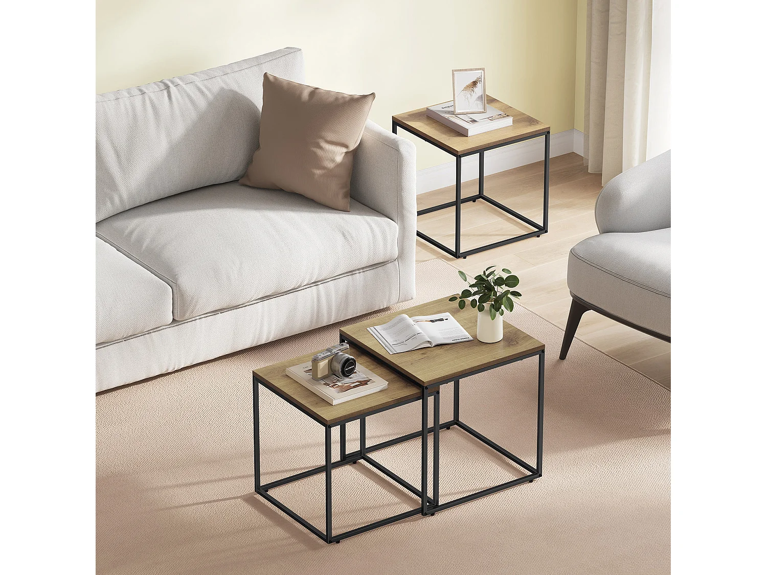 Table basse carrée Valora, lot de 2 | Plateau en chêne et pieds noirs