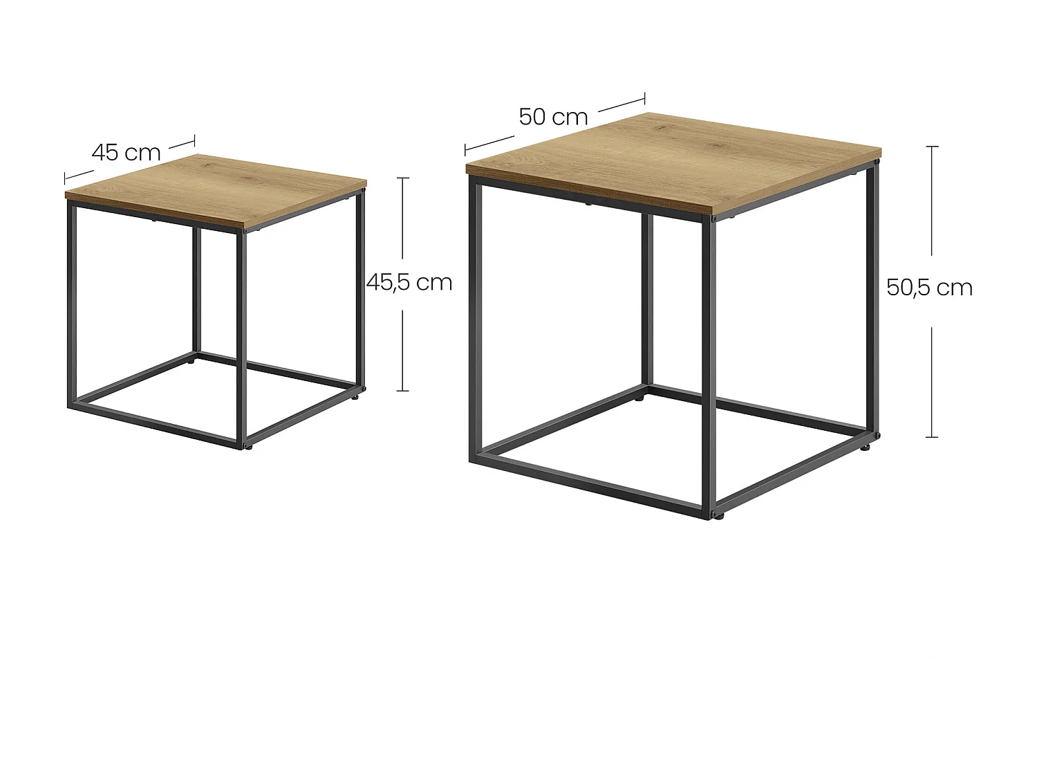 Table basse carrée Valora, lot de 2 | Plateau en chêne et pieds noirs