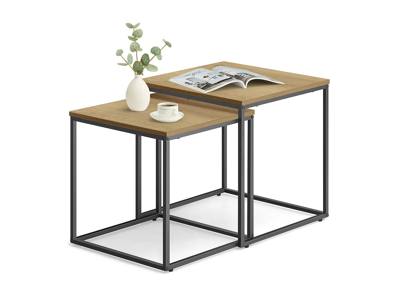Table basse carrée Valora, lot de 2 | Plateau en chêne et pieds noirs