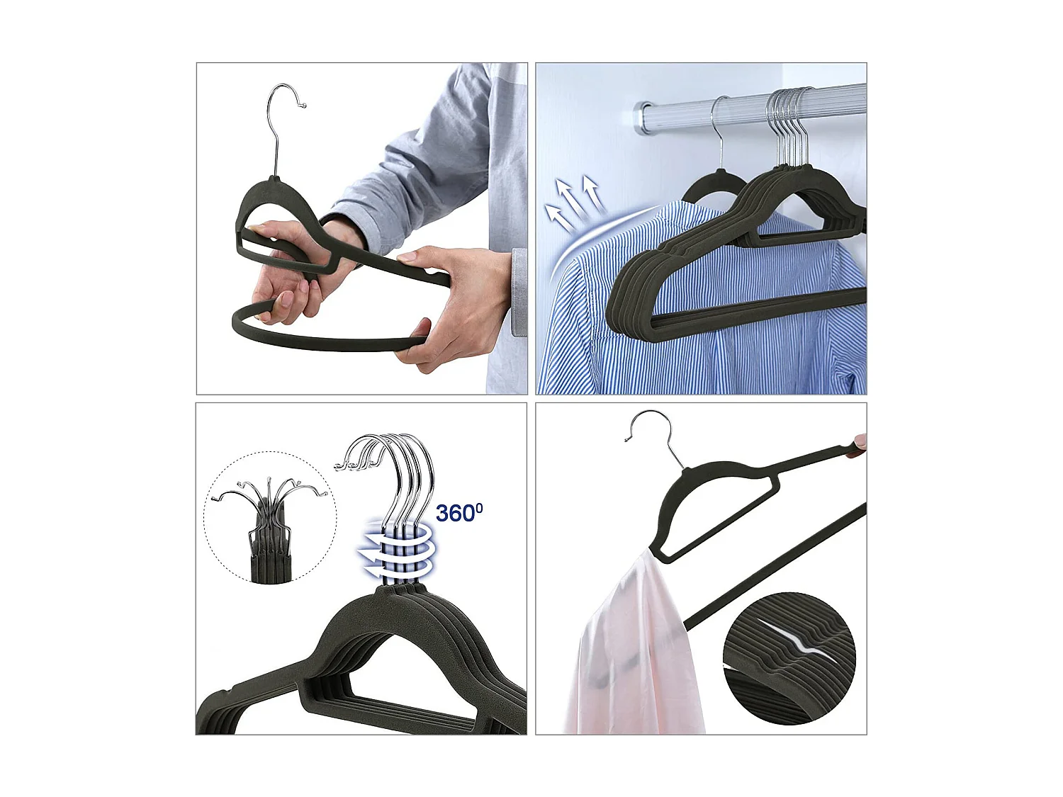 Cintres en velours noir Valora 50 pièces avec crochets rotatifs