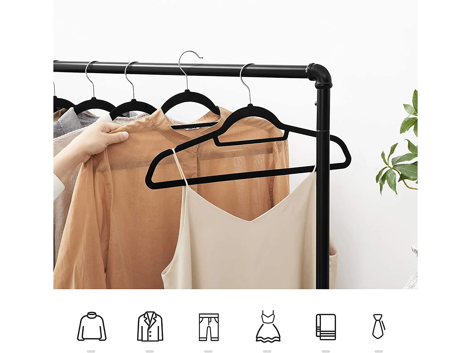 Cintres en velours noir Valora 50 pièces avec crochets rotatifs