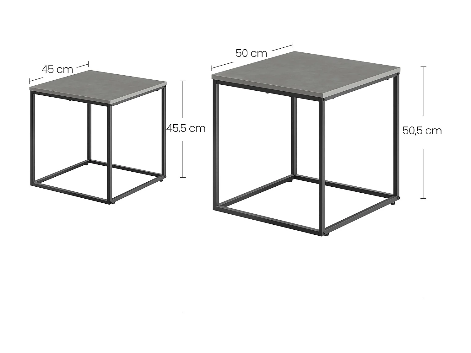 Tables basses carrées Valora, lot de 2 | Plateau en béton et cadre en acier noir
