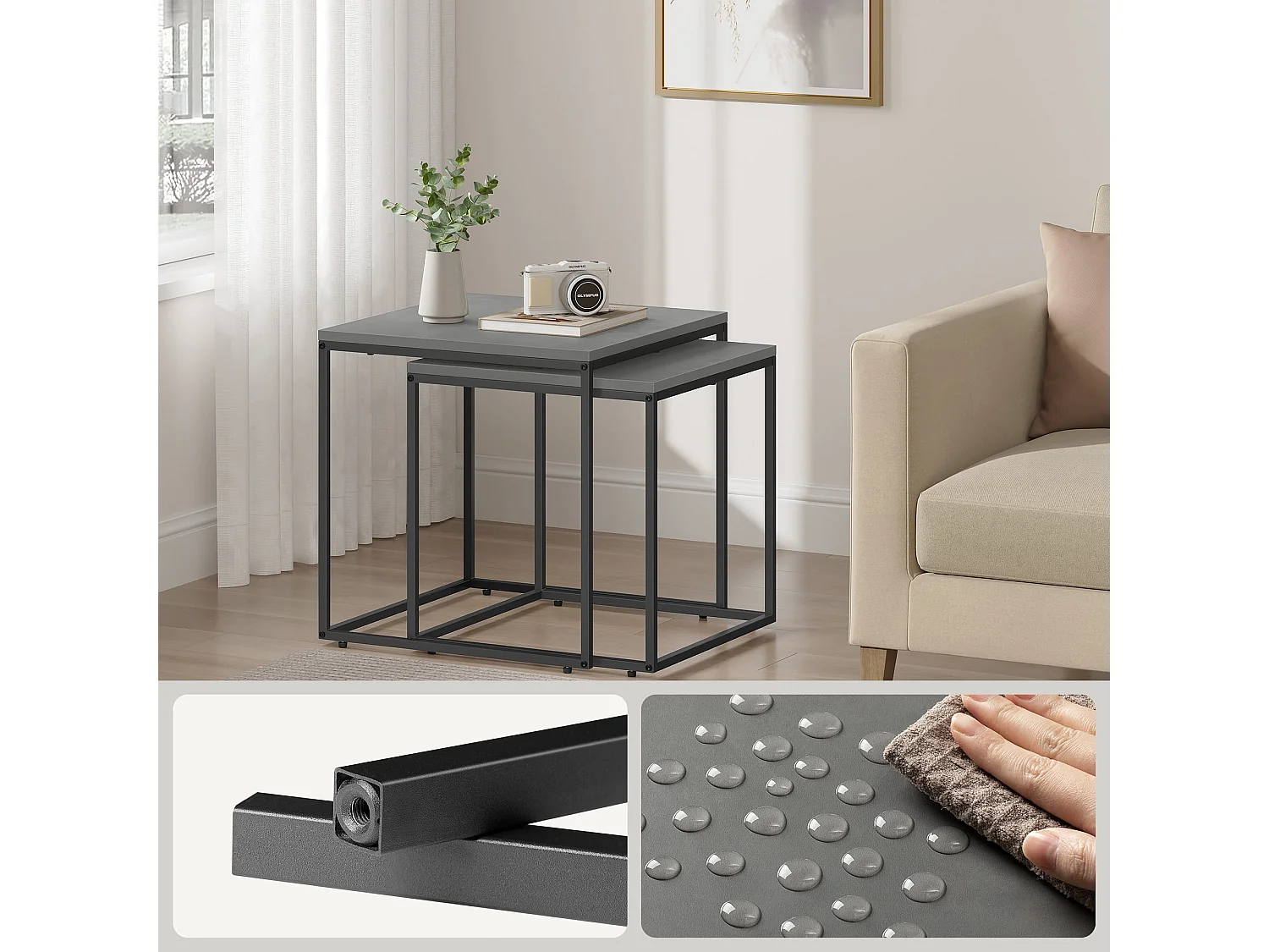 Tables basses carrées Valora, lot de 2 | Plateau en béton et cadre en acier noir