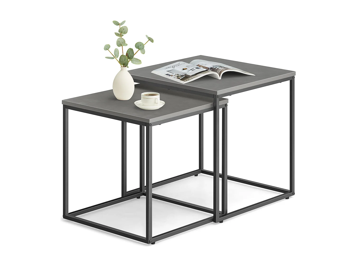 Tables basses carrées Valora, lot de 2 | Plateau en béton et cadre en acier noir