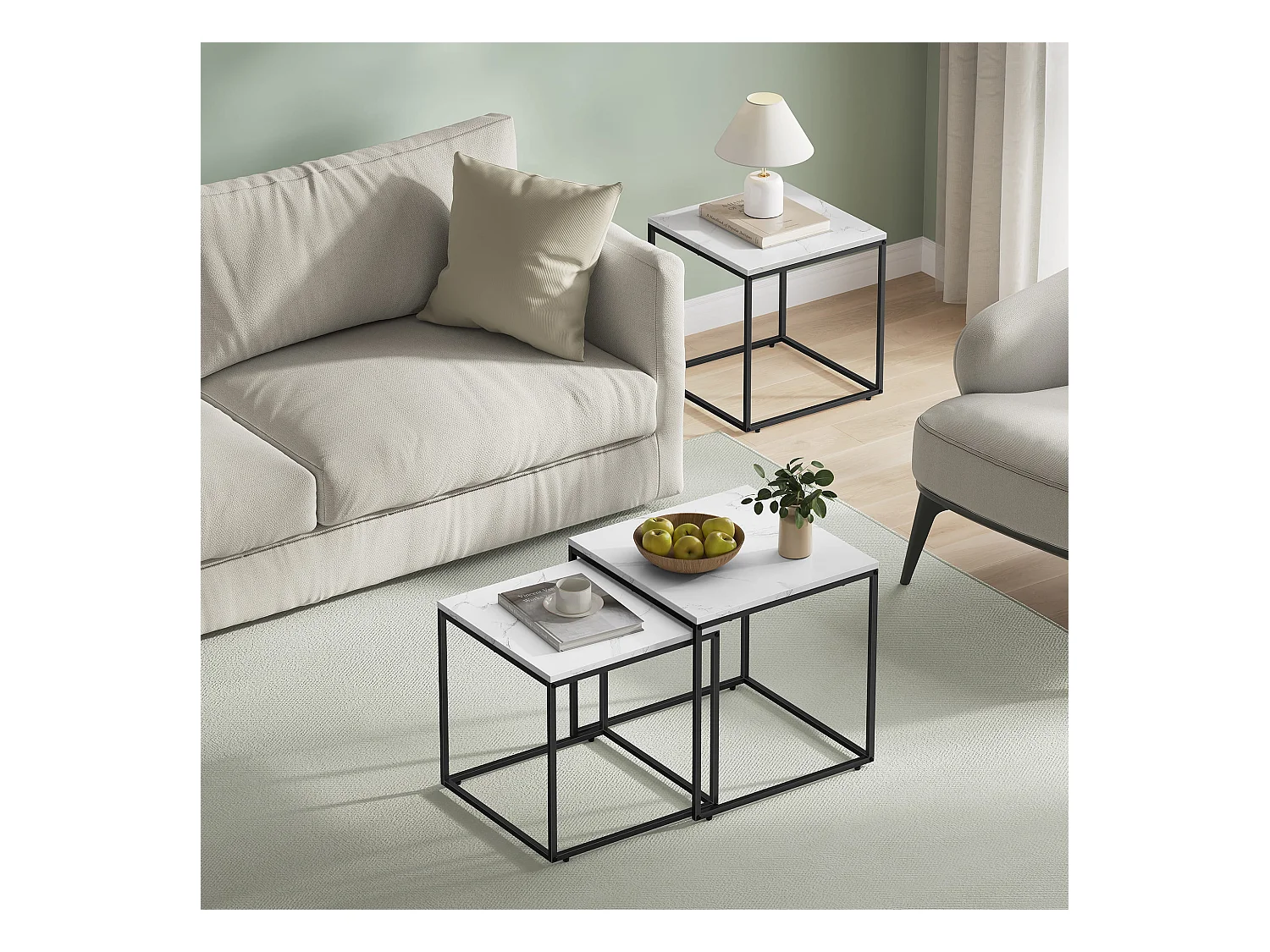 Tables basses carrées Valora, lot de 2 | Plateau en marbre et cadre en acier noir