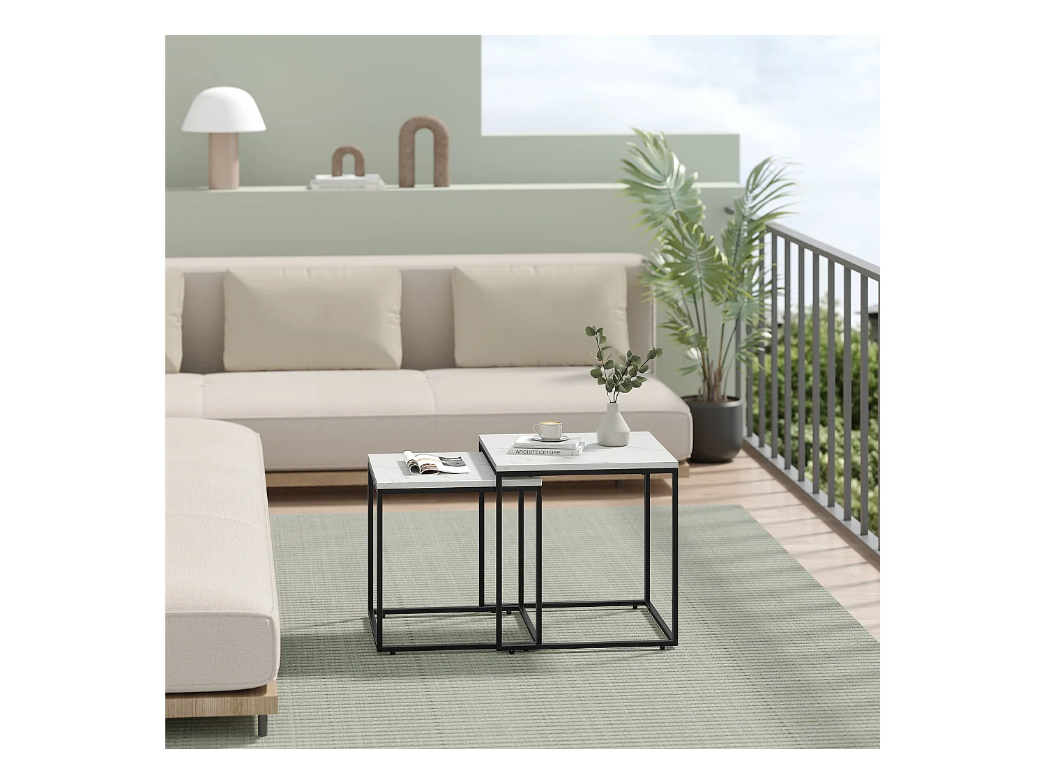 Tables basses carrées Valora, lot de 2 | Plateau en marbre et cadre en acier noir