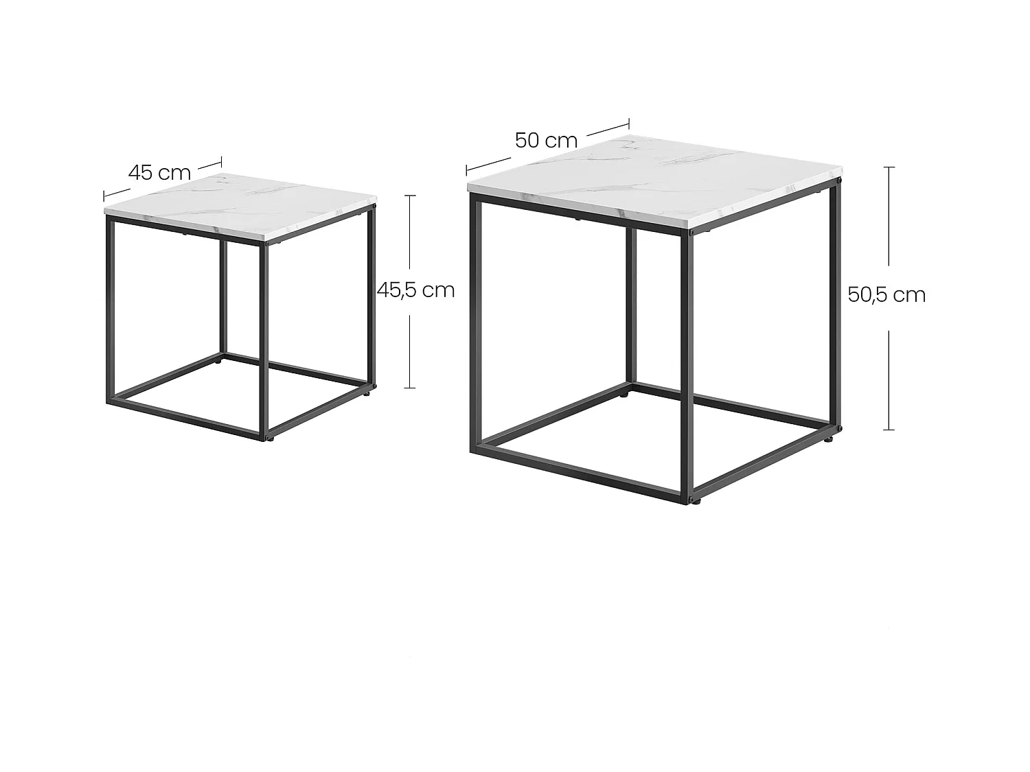 Tables basses carrées Valora, lot de 2 | Plateau en marbre et cadre en acier noir