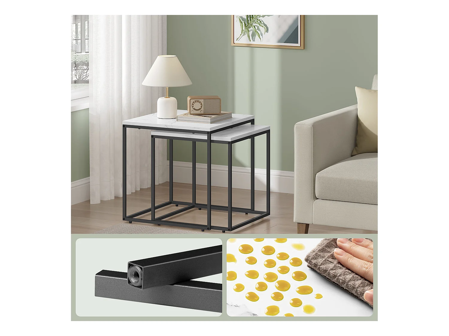 Tables basses carrées Valora, lot de 2 | Plateau en marbre et cadre en acier noir