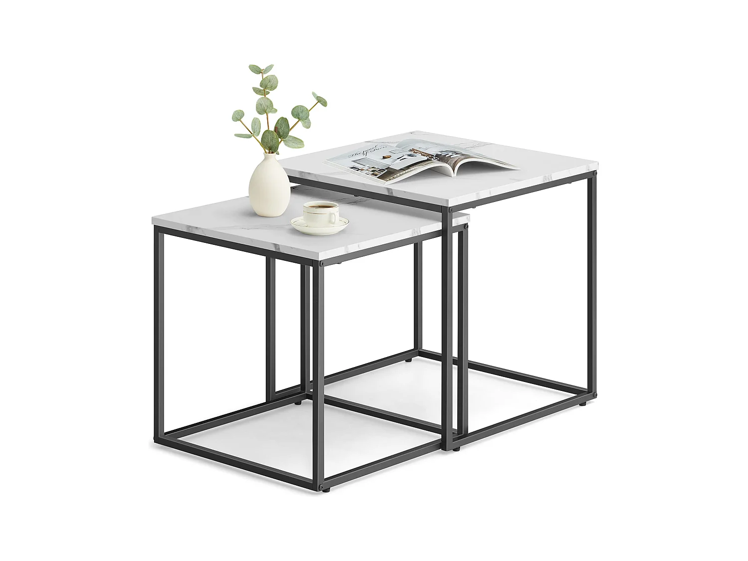 Tables basses carrées Valora, lot de 2 | Plateau en marbre et cadre en acier noir