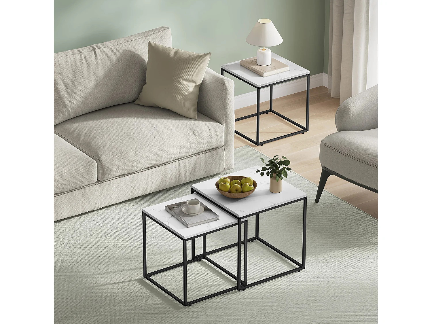 Tables basses carrées Valora, lot de 2 | Plateau en marbre et cadre en acier noir