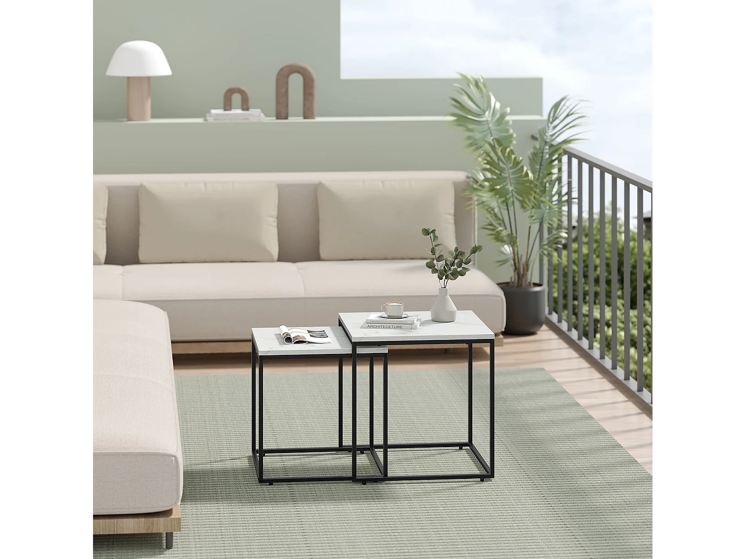 Tables basses carrées Valora, lot de 2 | Plateau en marbre et cadre en acier noir