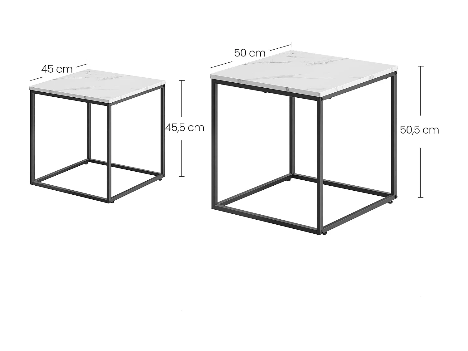 Tables basses carrées Valora, lot de 2 | Plateau en marbre et cadre en acier noir