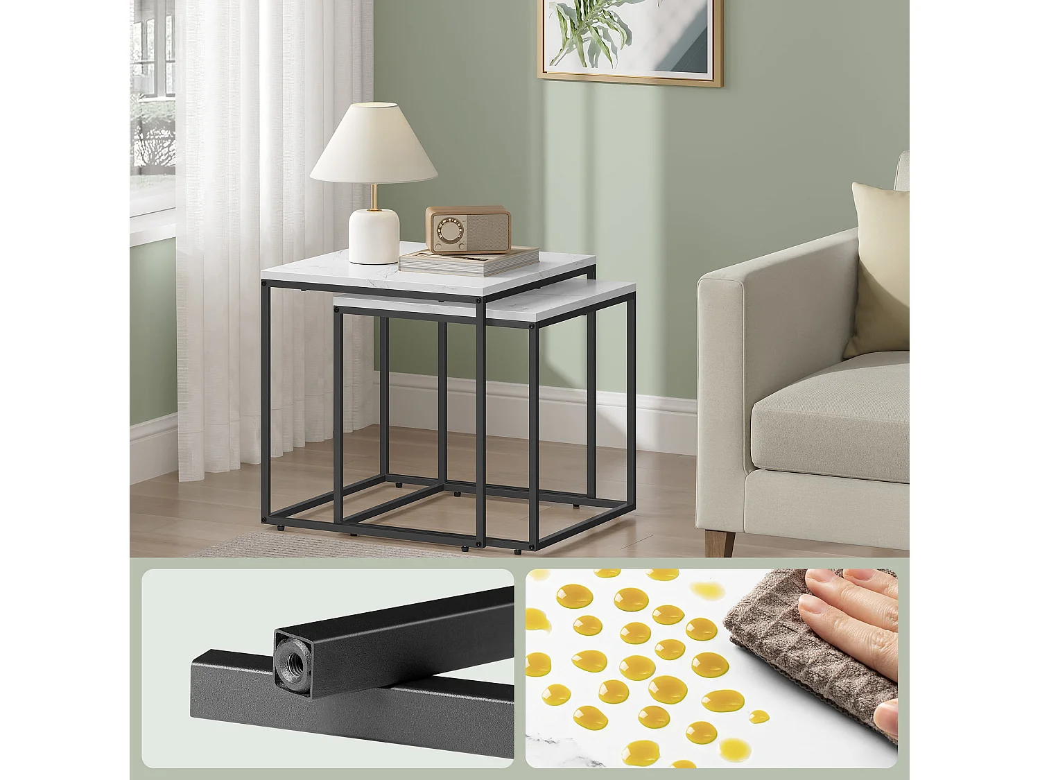 Tables basses carrées Valora, lot de 2 | Plateau en marbre et cadre en acier noir