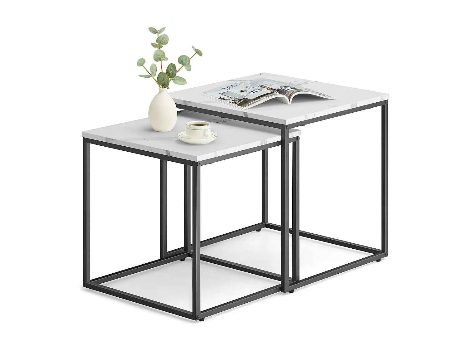 Tables basses carrées Valora, lot de 2 | Plateau en marbre et cadre en acier noir