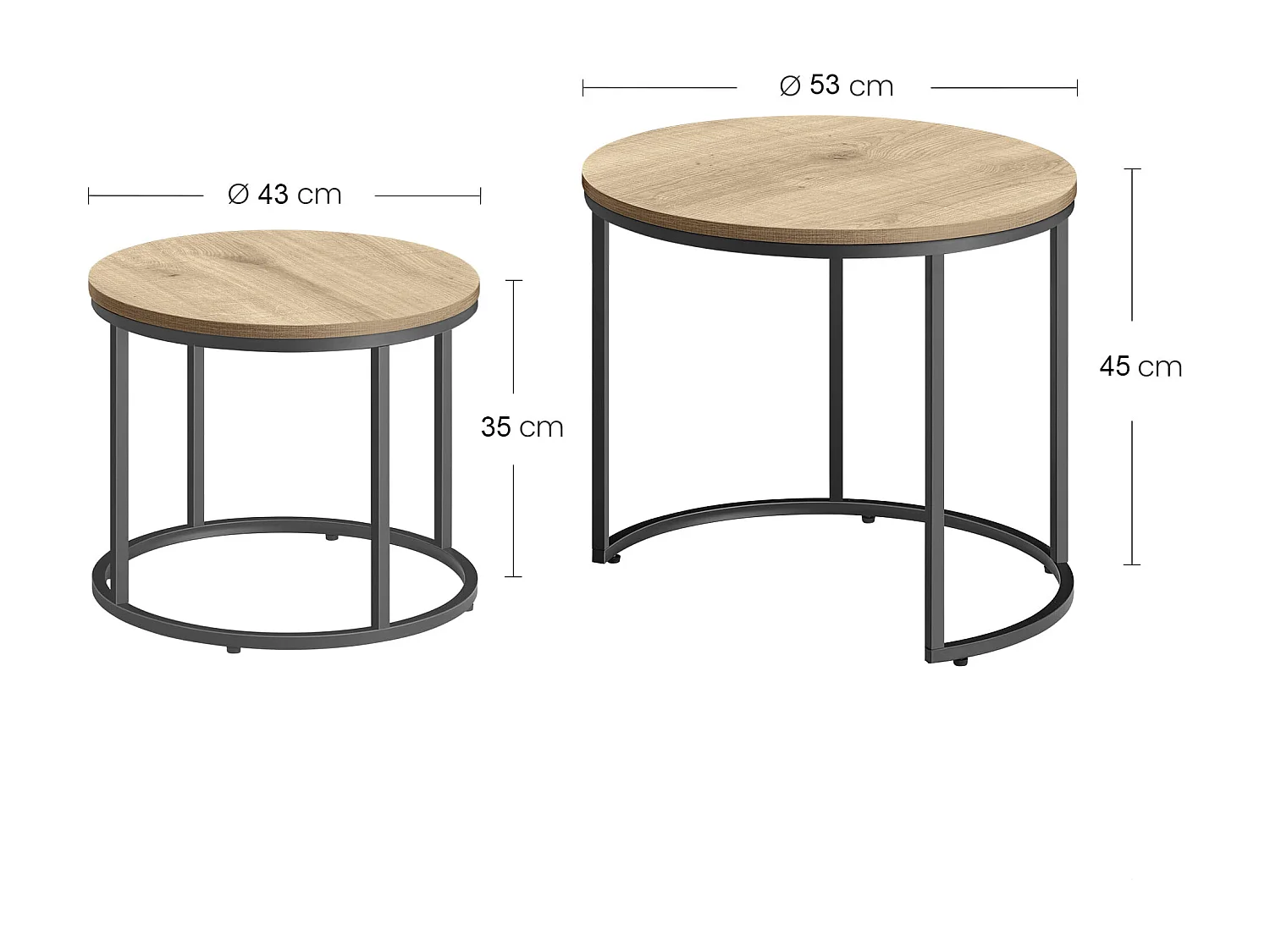 Tables basses rondes Valora, lot de 2 – Plateau en chêne Sonoma et pieds noirs