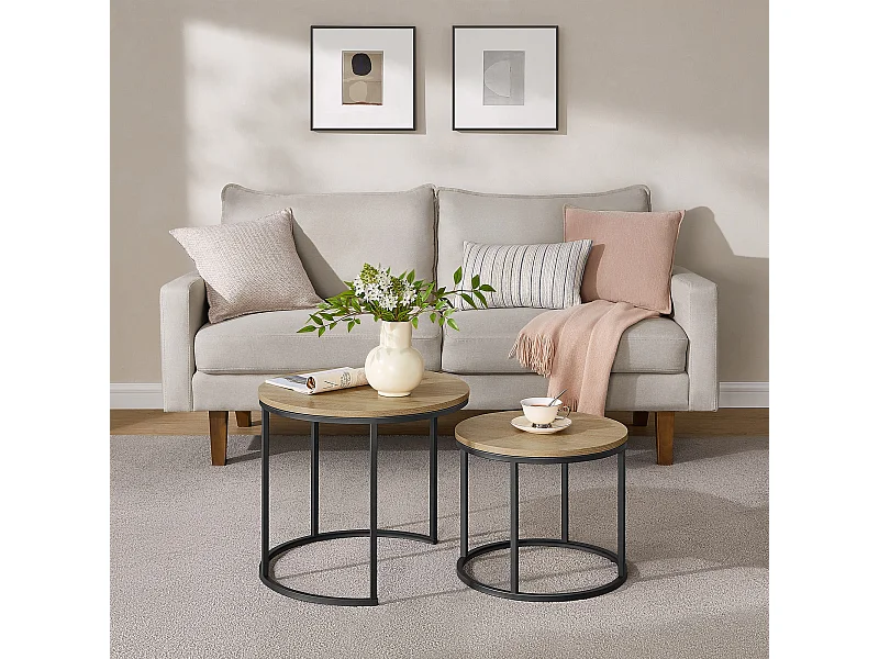 Tables basses rondes Valora, lot de 2 – Plateau en chêne Sonoma et pieds noirs