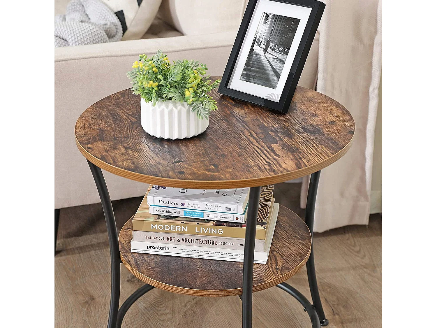 Table d'appoint ronde Valora de style loft rustique marron avec étagère