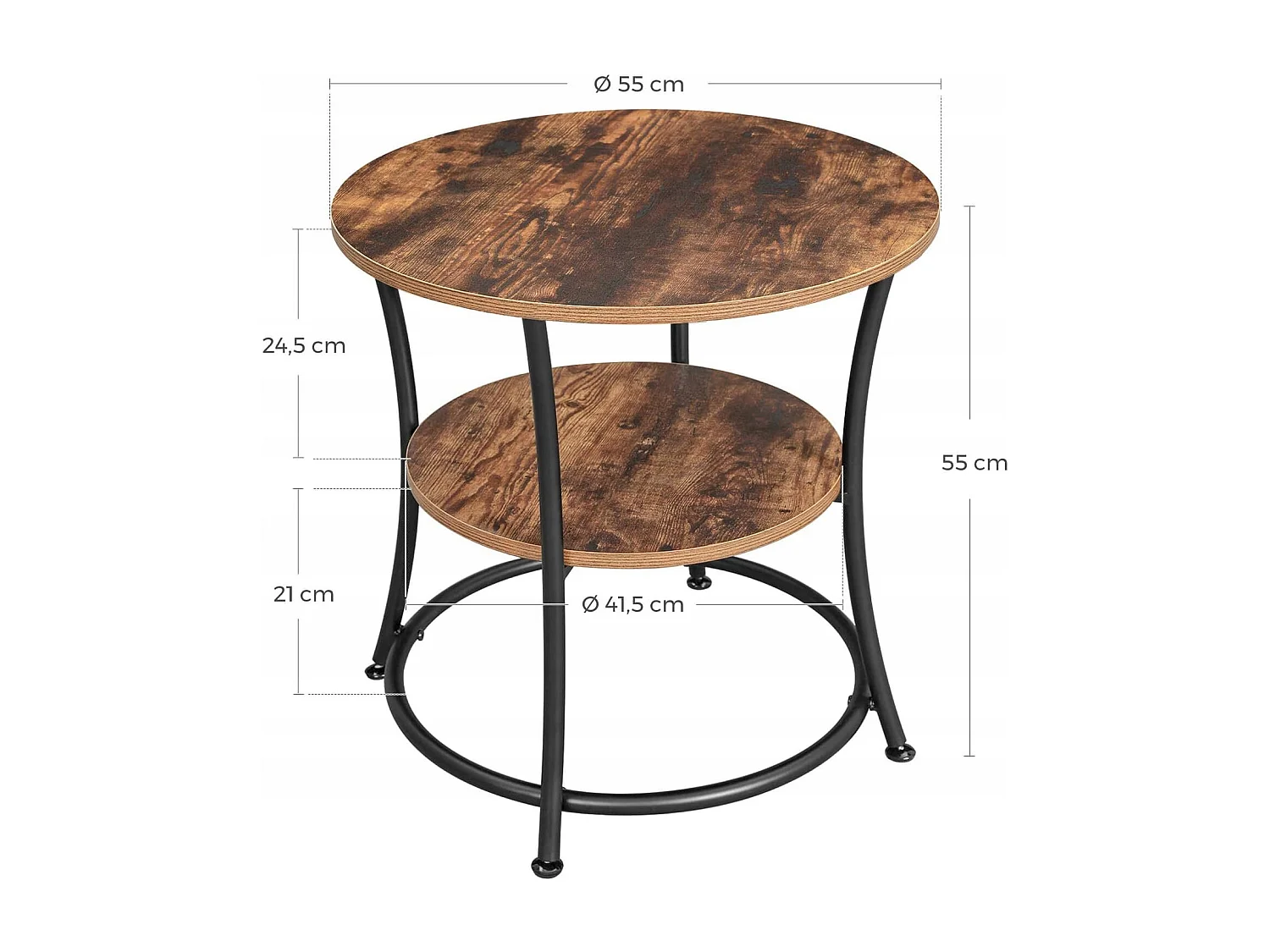 Table d'appoint ronde Valora de style loft rustique marron avec étagère