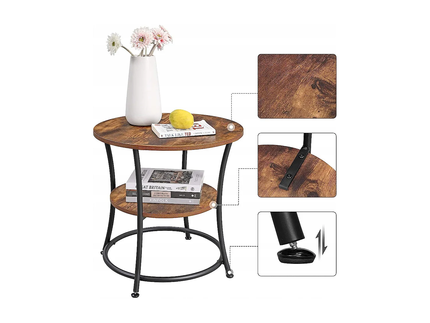 Table d'appoint ronde Valora de style loft rustique marron avec étagère