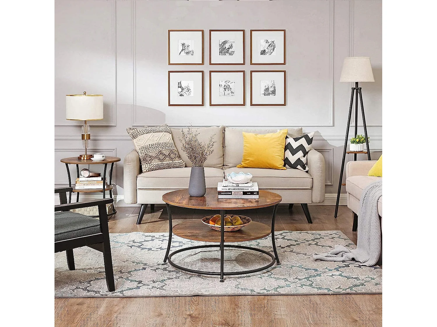 Table d'appoint ronde Valora de style loft rustique marron avec étagère