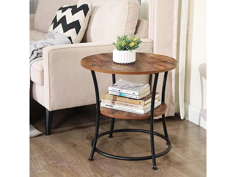 Table d'appoint ronde Valora de style loft rustique marron avec étagère