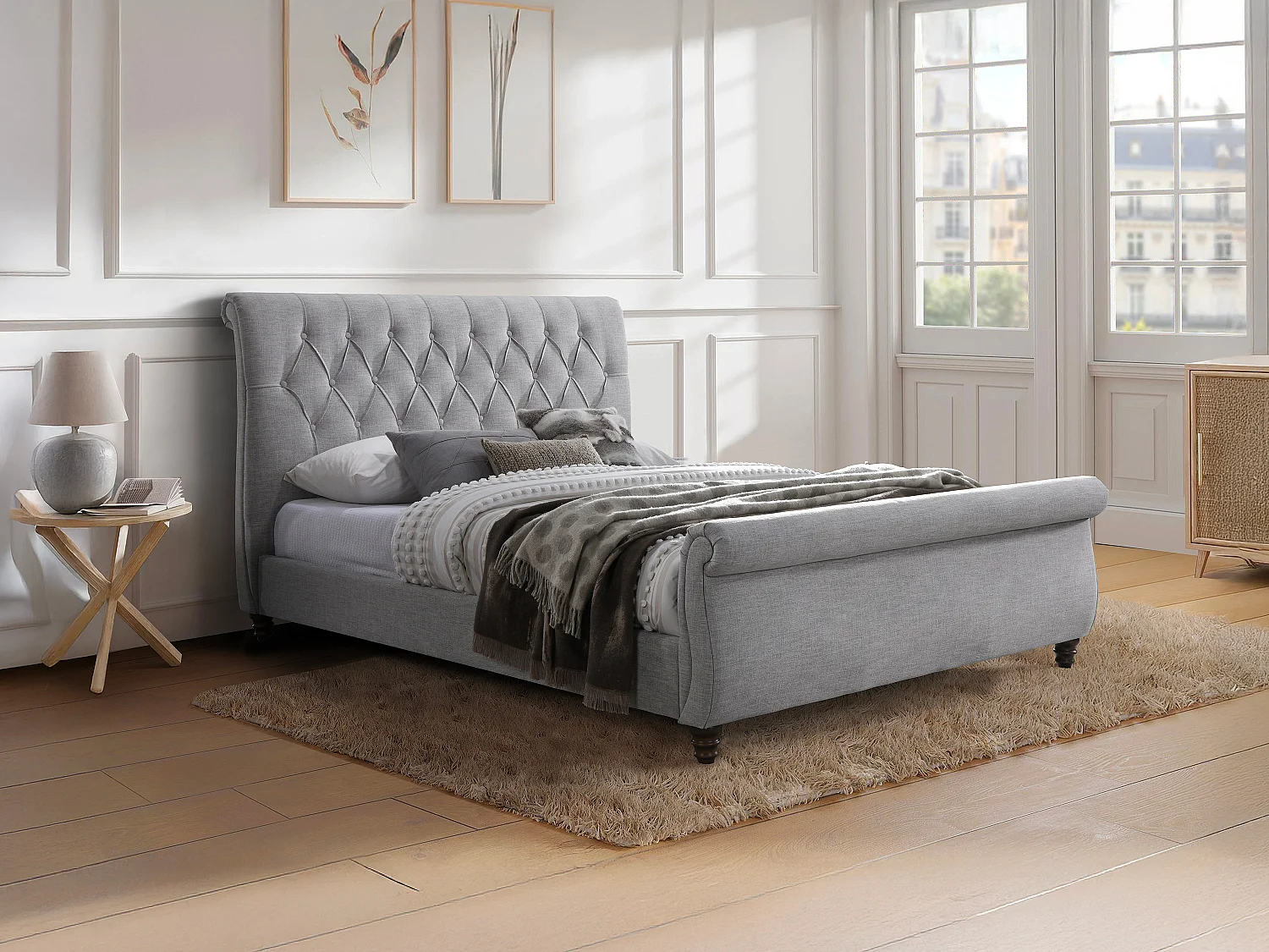Lit 140 x 190 cm avec tête de lit capitonnée - Gris + Matelas - BALANSANO