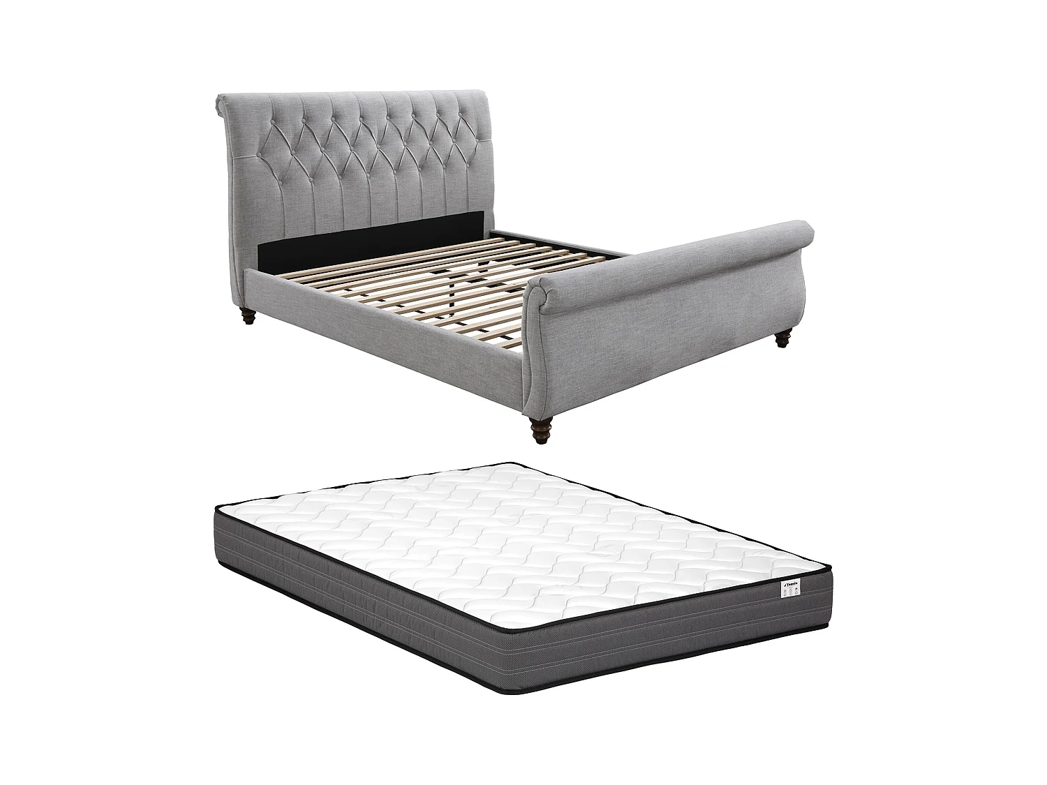 Bett 140 x 190 cm mit gepolstertem Kopfteil + Matratze - Grau - BALANSANO